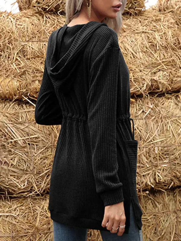 Lace-Up Round-Neck Hooded Long-Sleeve Knit Coat