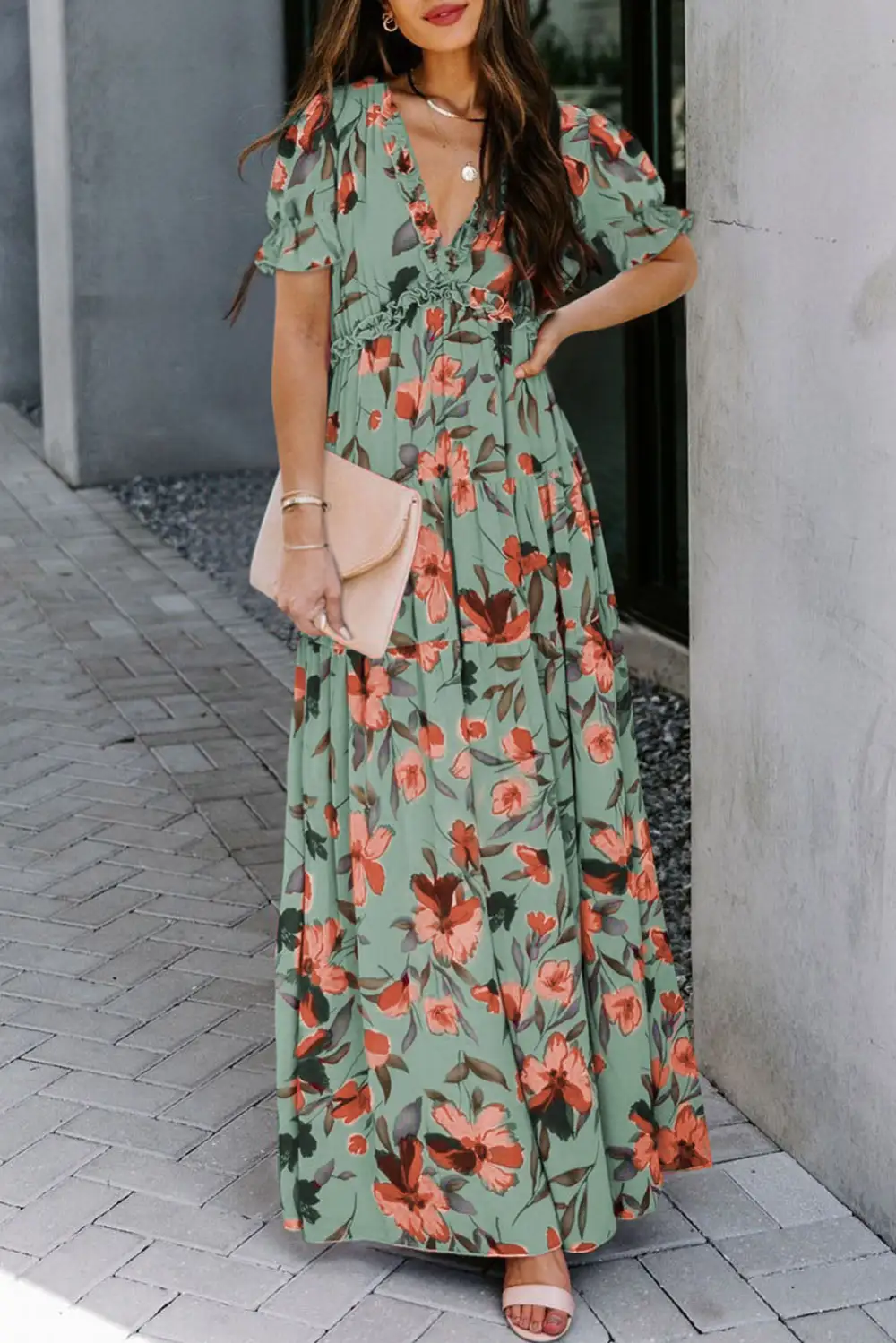 Comfort Fit Floral Printed V Neck Maxi Dress