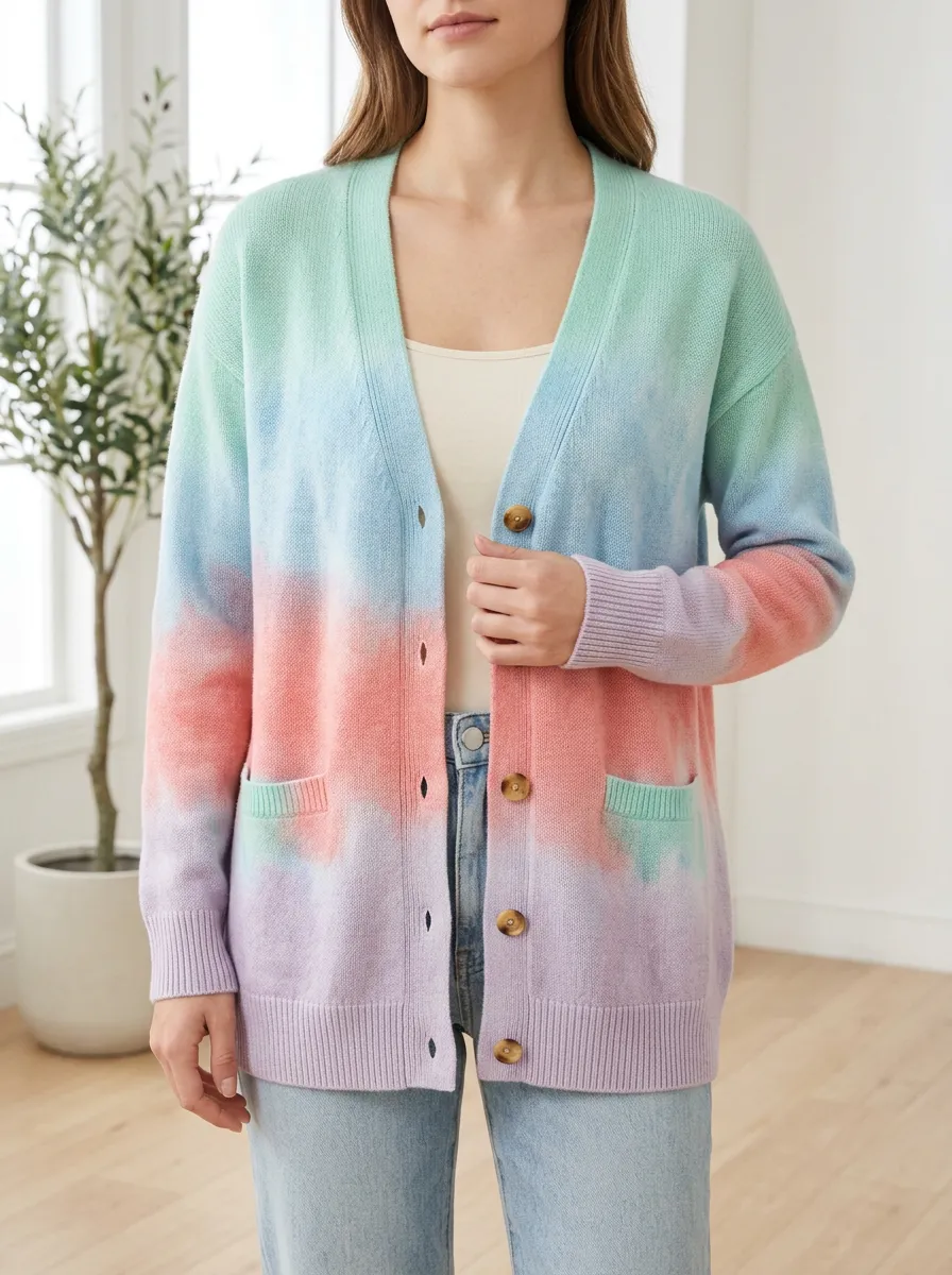 Women's Pastel Tie-Dye Printed Patch Pocket Everyday Layering Cardigan