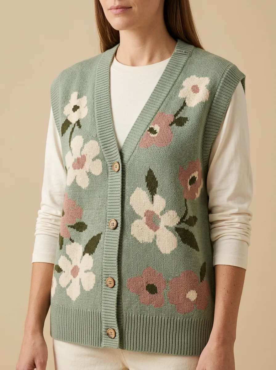 Relaxed Floral Button Sweater Vest