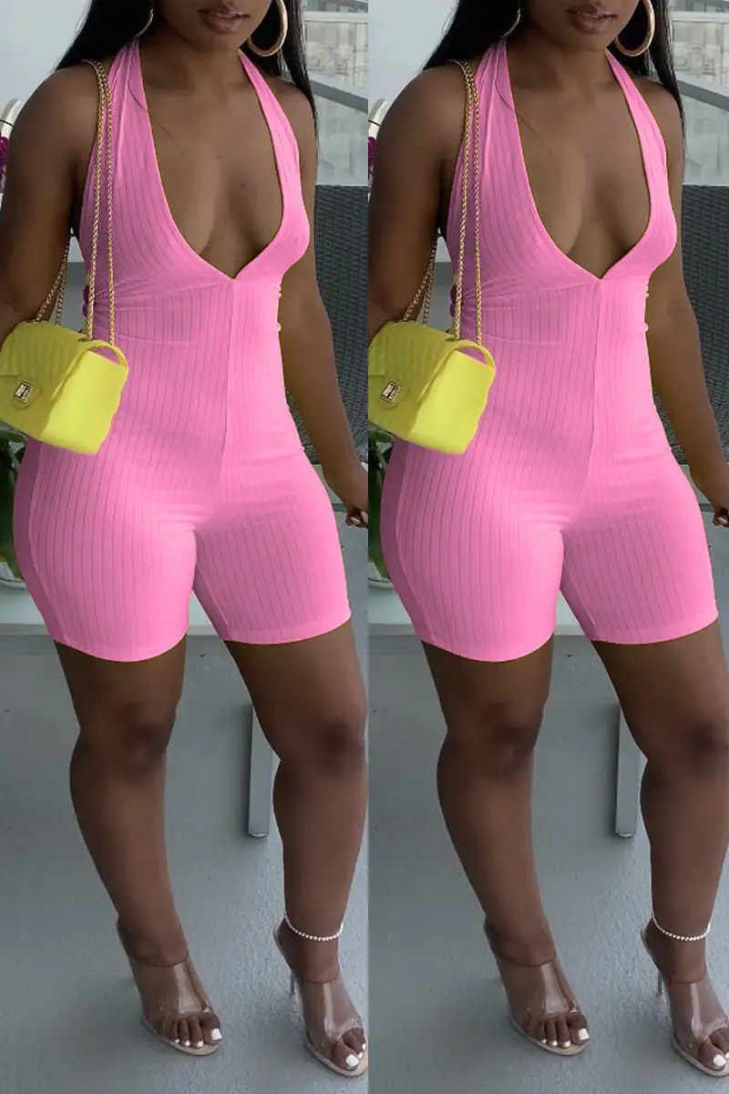 Sexy Casual Solid Backless Halter Sleeveless Skinny Romper