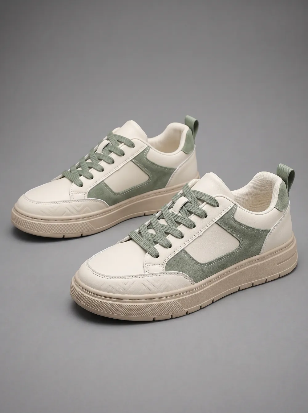Men's Beige Green Colorblock Geometric Pattern Printed Sneakers