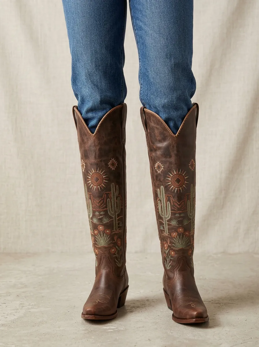 Women's Western Cactus Floral Sun Embroidered Pointed-Toe Block-Heel Denim Over-the-Knee Boots
