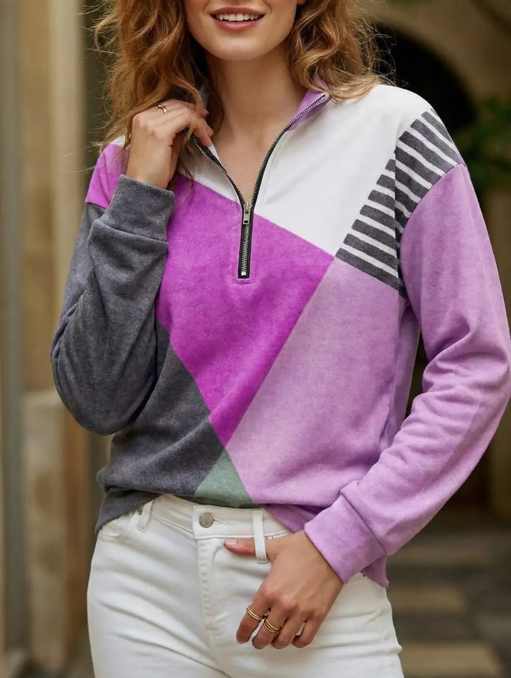 Panel Loose V Neck Sweatshirt