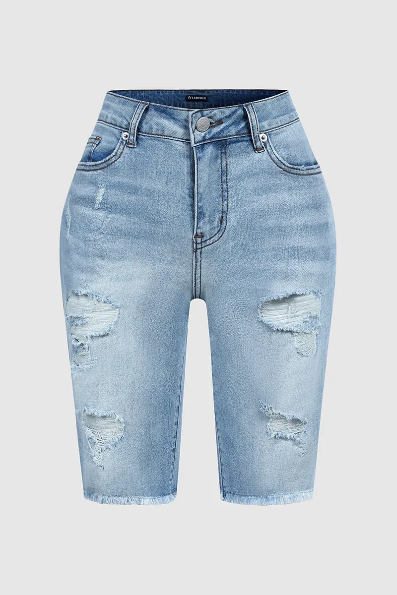 Ripped Raw Hem Denim Bermuda Shorts