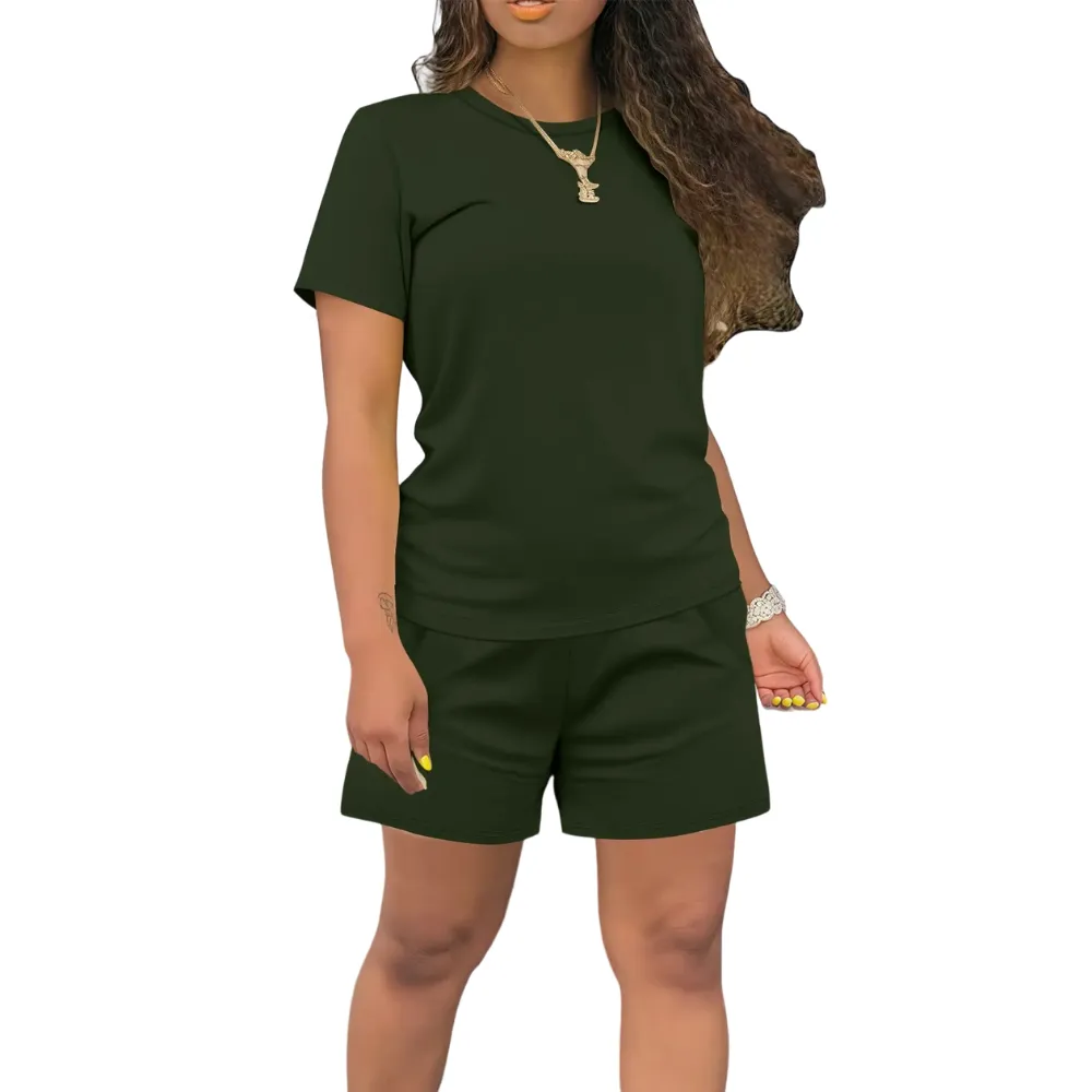 Women's Summer Casual 2 Piece Outfits Short Sleeve Top & Shorts Set Soft Regular Fit Loungewear