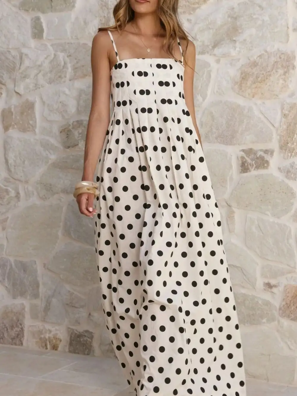 Polka Dot Pleated Maxi Dress