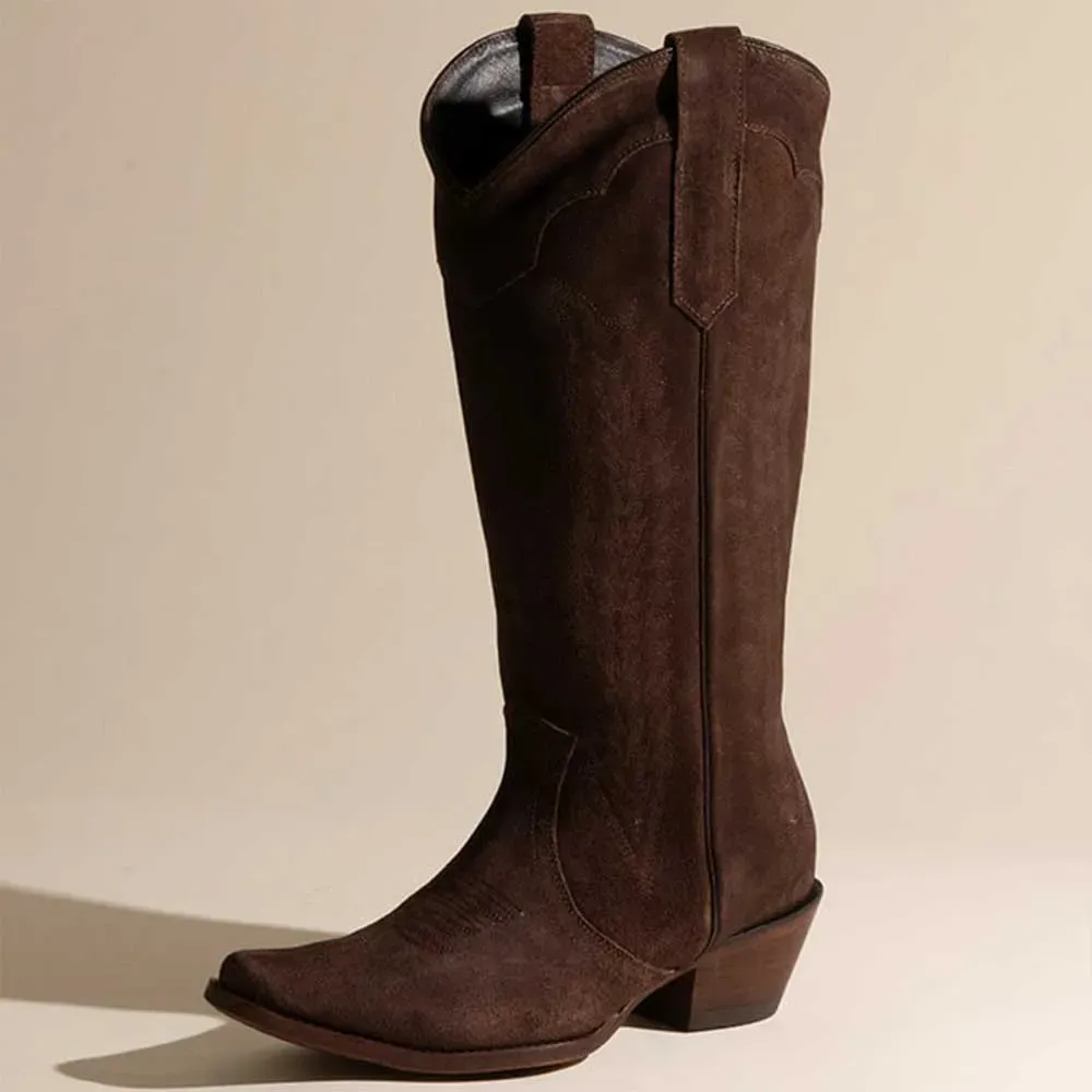 Faux-Suede Embroidered Snip-Toe Chunky-Heel Western Boots