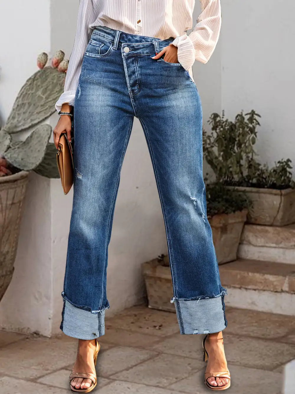 Textured Straight Leg Raw Hem Denim Jeans