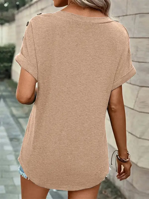 Relaxed Short Sleeve Button Detail V-Neck Polyester T-Shirt
