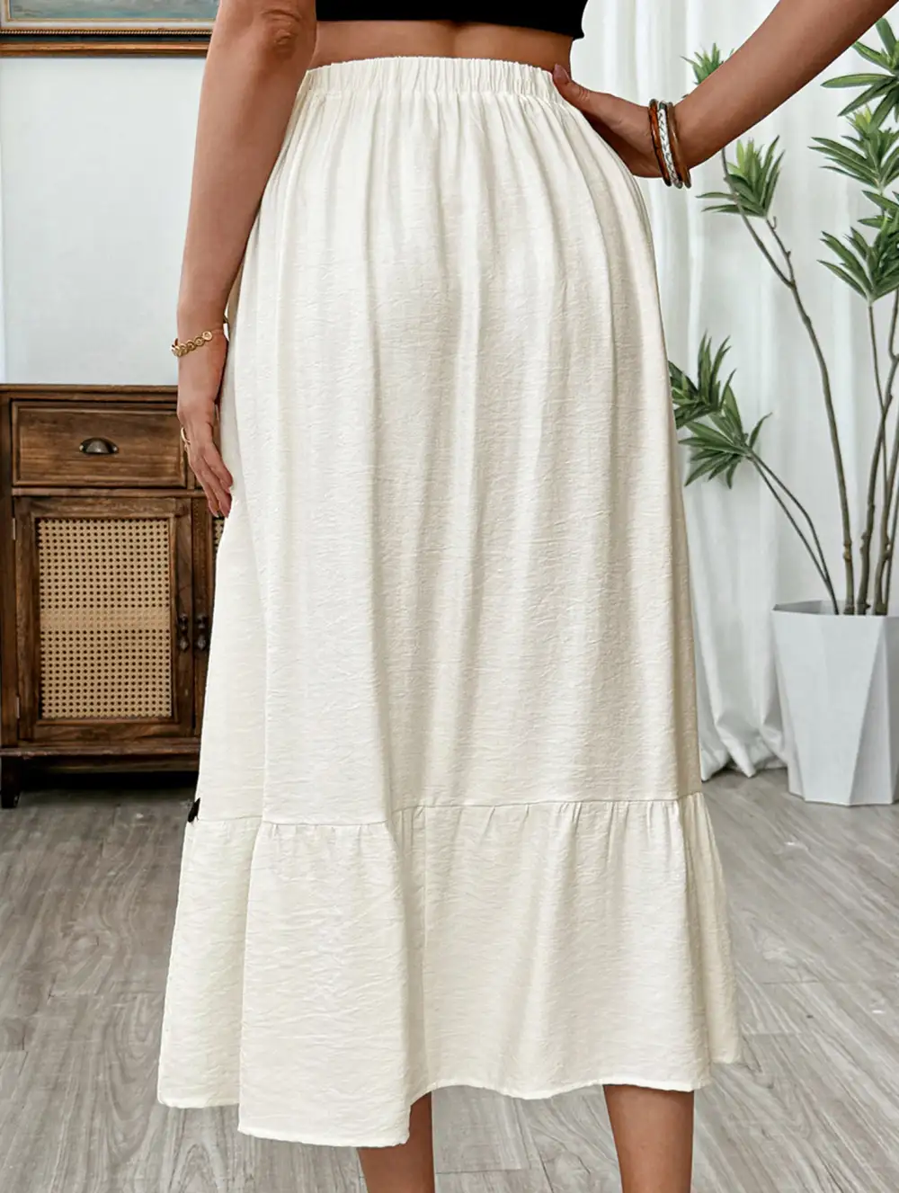 Block Elastic Waist Midi Skirt