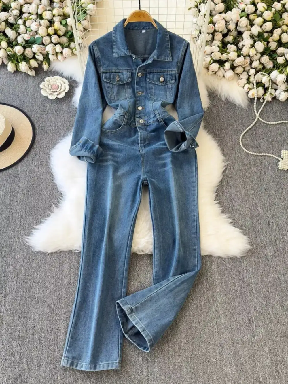 Button Front Wide Leg Jumpsuit Denim Pants