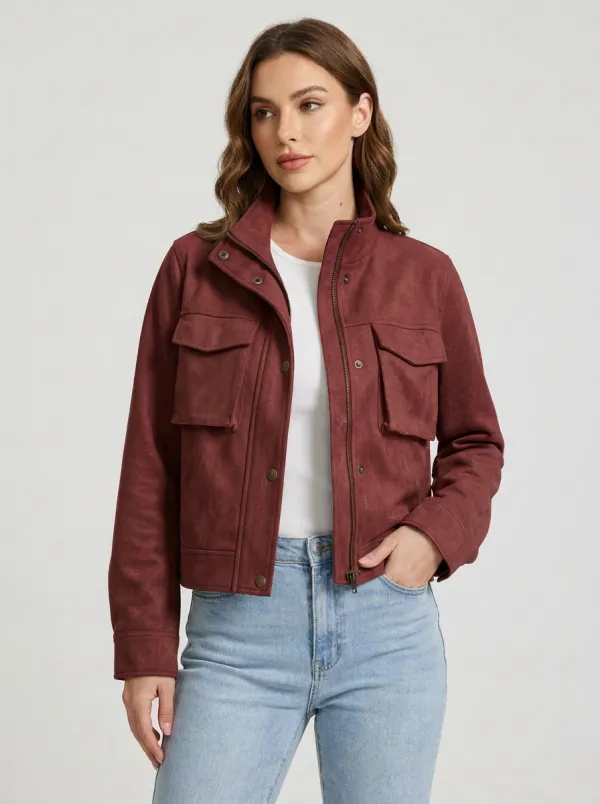 Women's Olive Green Suede Utility Pocket Zip-Up Jacket