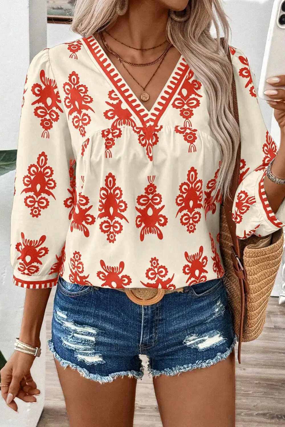 Vintage Geometric Three Quarter Sleeve V Neck Blouse