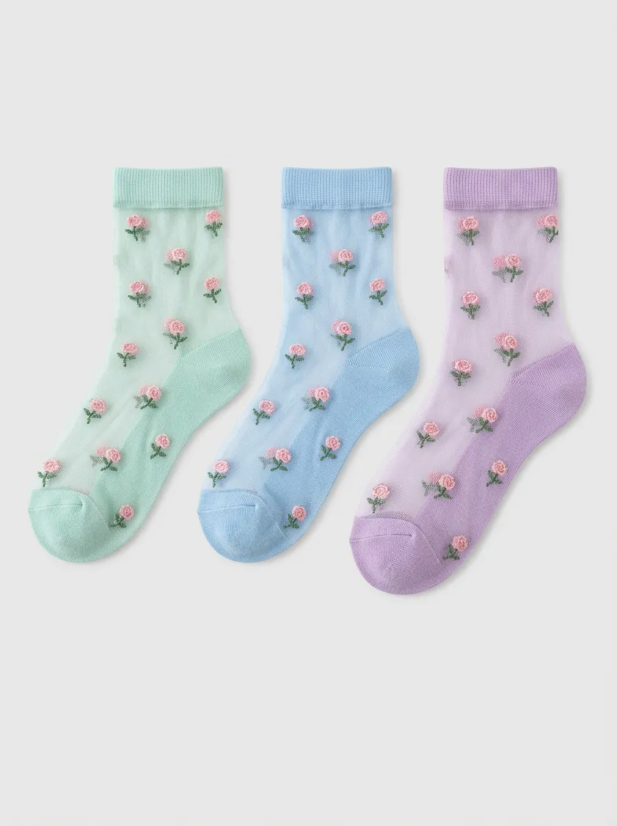 Women's Pastel Floral Embroidered Sheer Crew Socks - of 3 Rose Socks 3-Pack