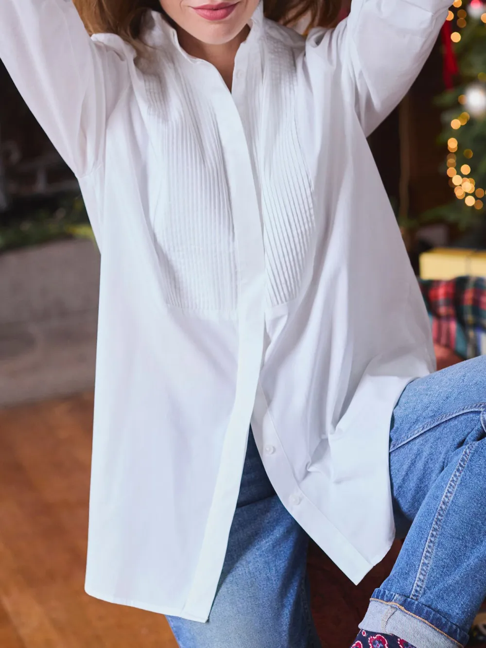 Long Sleeve White Pleated Tuxedo-Style Shirt