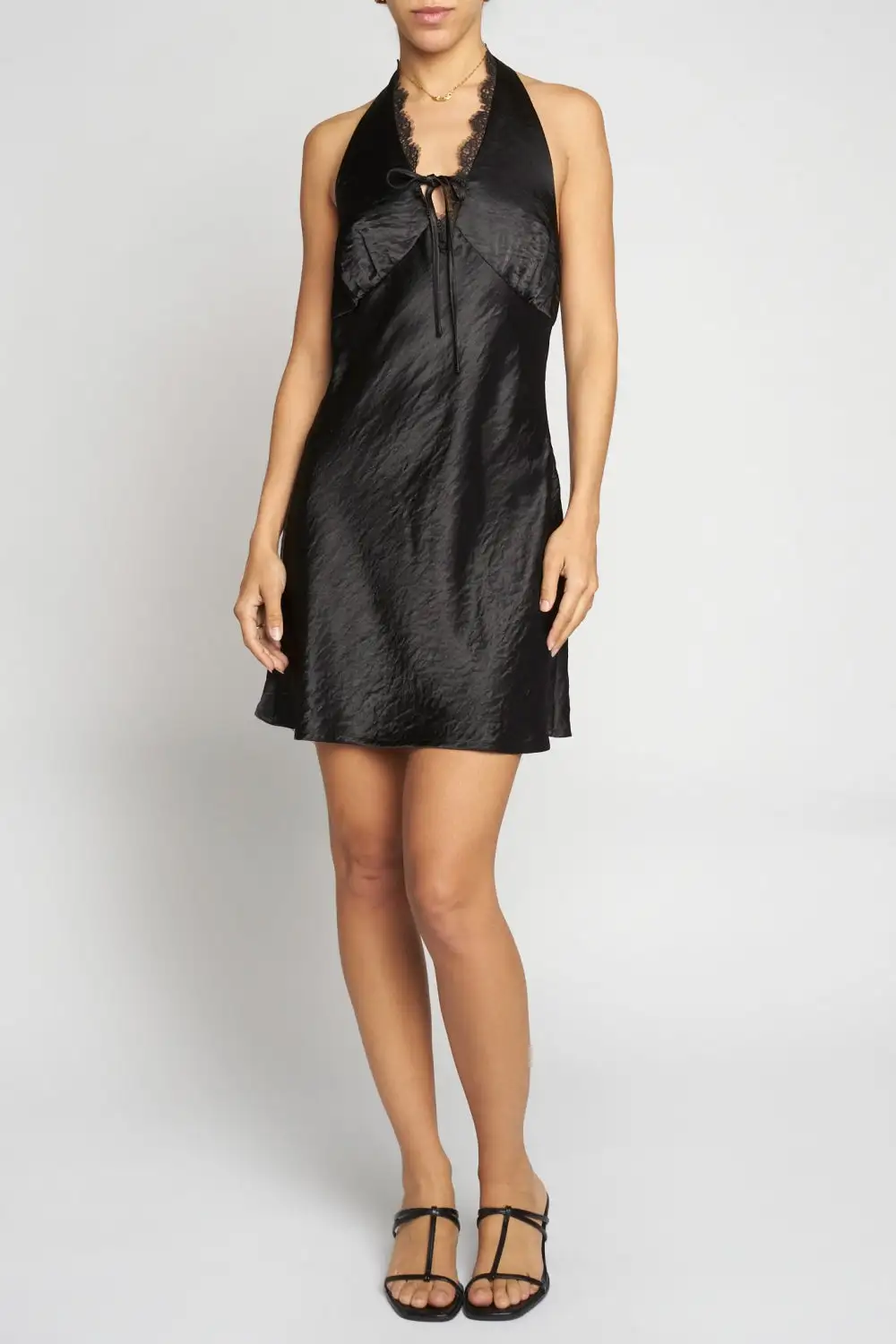 Satin Halter Dress With Lace Neckline