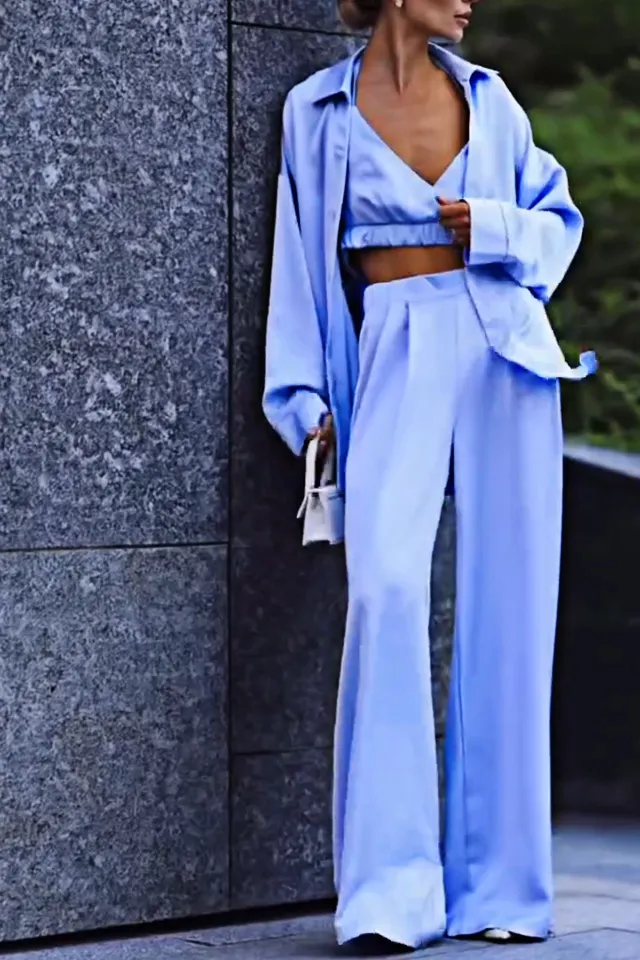 8PACK-Solid Color Silk Fabric Tank Top and Shirt and Pants Three Piece Set