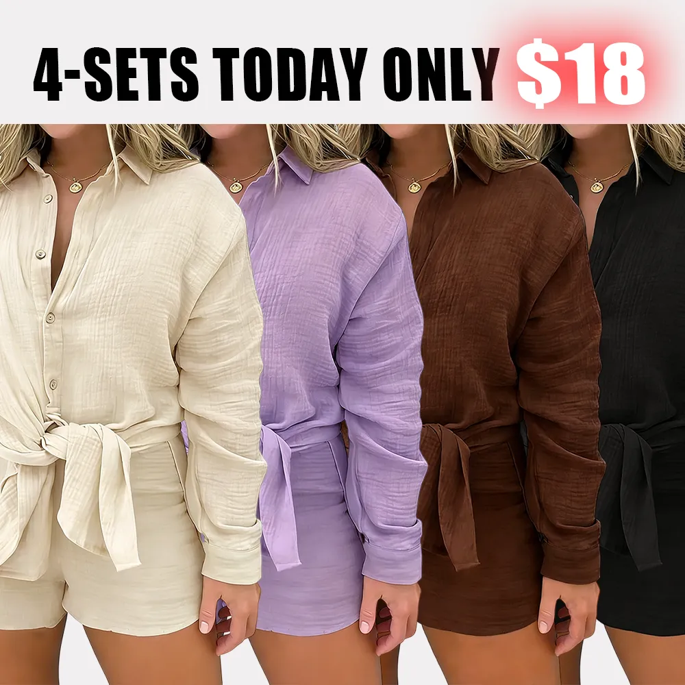 Women 2 Piece Outfits Long Sleeve Blouse and Shorts Sets