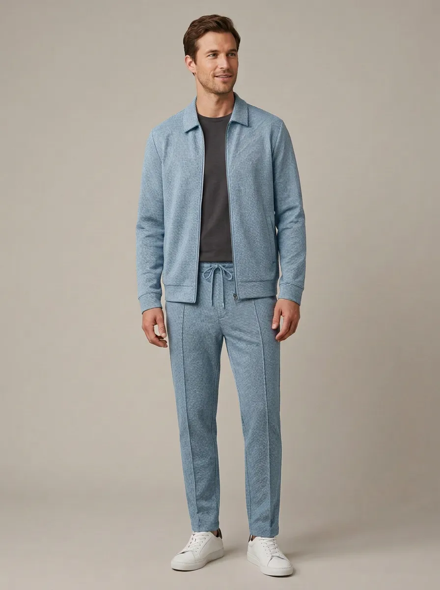 Men's Classic Houndstooth Smart Casual Polo Collar Jacket and Jogger Pants Set