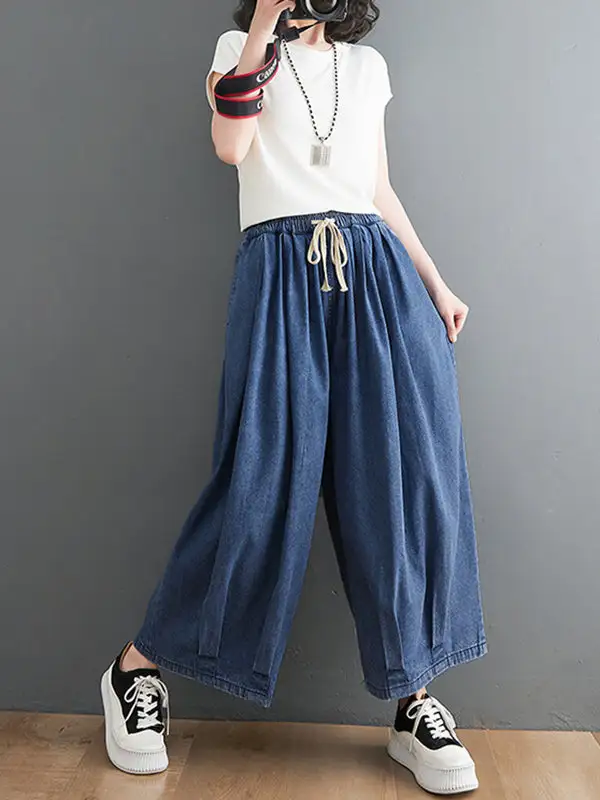 Artistic Retro Minimal Relaxed Fit Wide Leg Drawstring Jeans