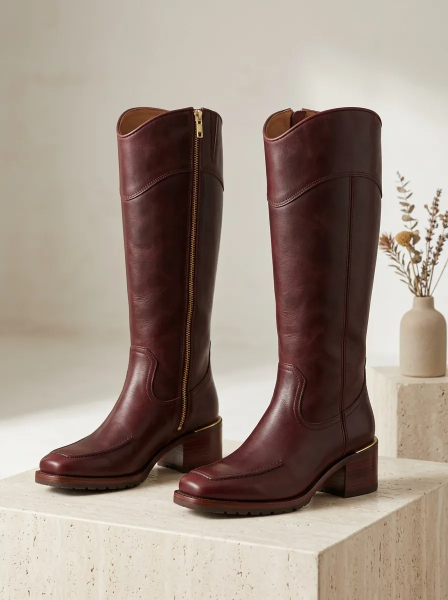Women's Side Zip Leather Knee High Boots