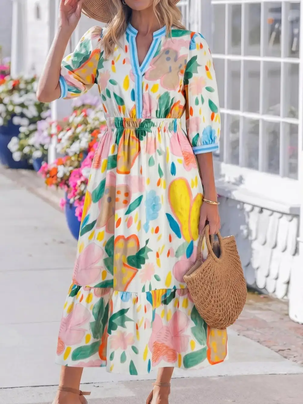 Polished Detail Floral Striped V Neck Midi Dress