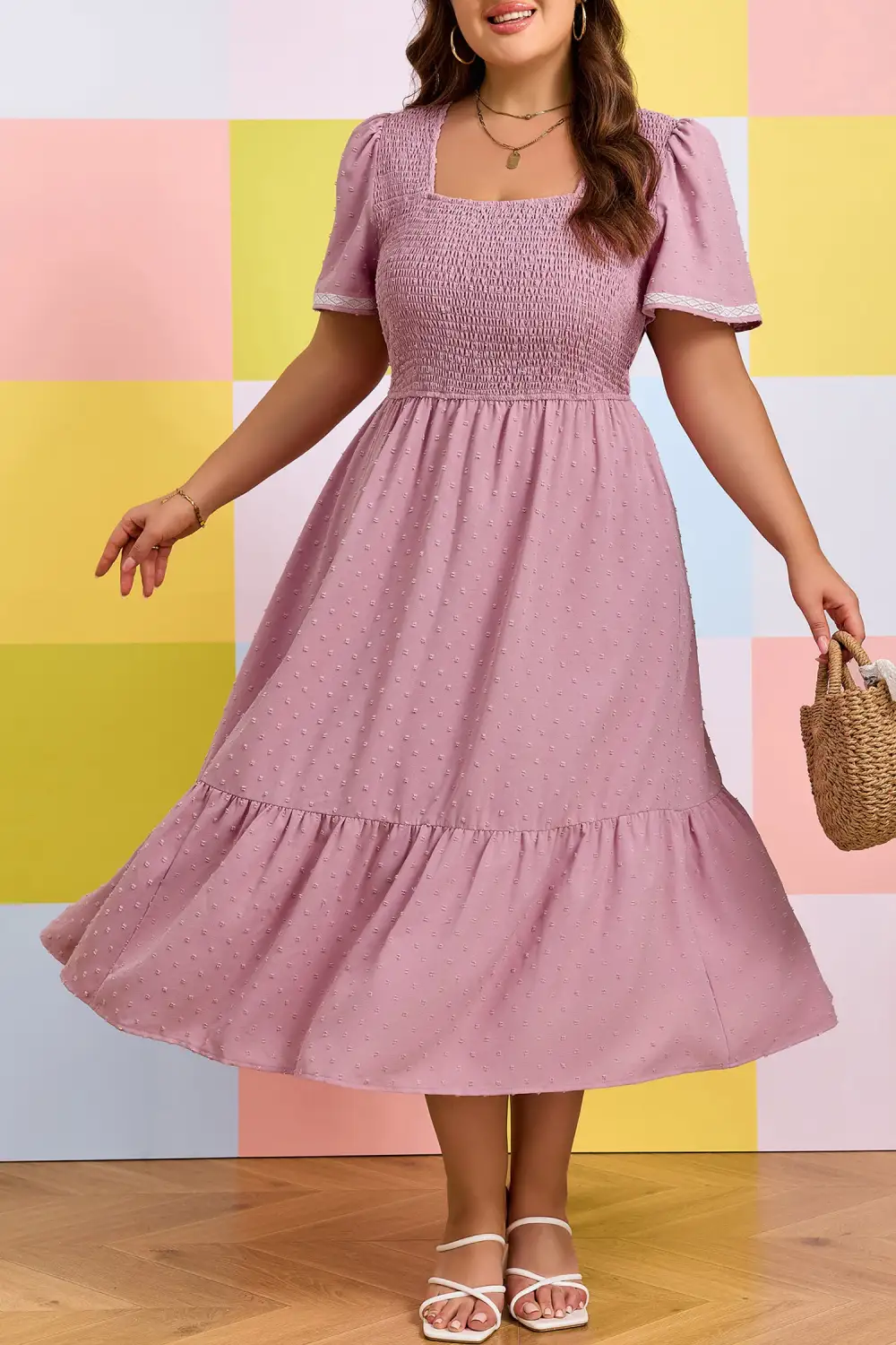 Smocked Short Sleeve High Waist Midi Dress