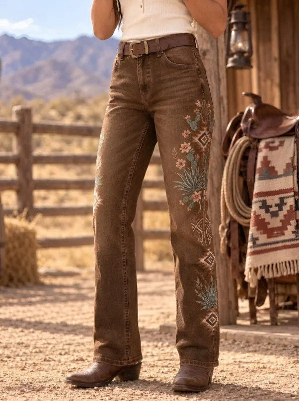 Women's Western Cowboy Cactus Floral Geometric Jeans