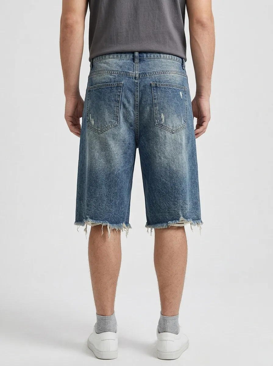 Men's Modern Geometric Distressed Raw Hem Distressed Denim Shorts