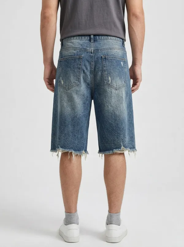 Men's Modern Geometric Distressed Raw Hem Distressed Denim Shorts