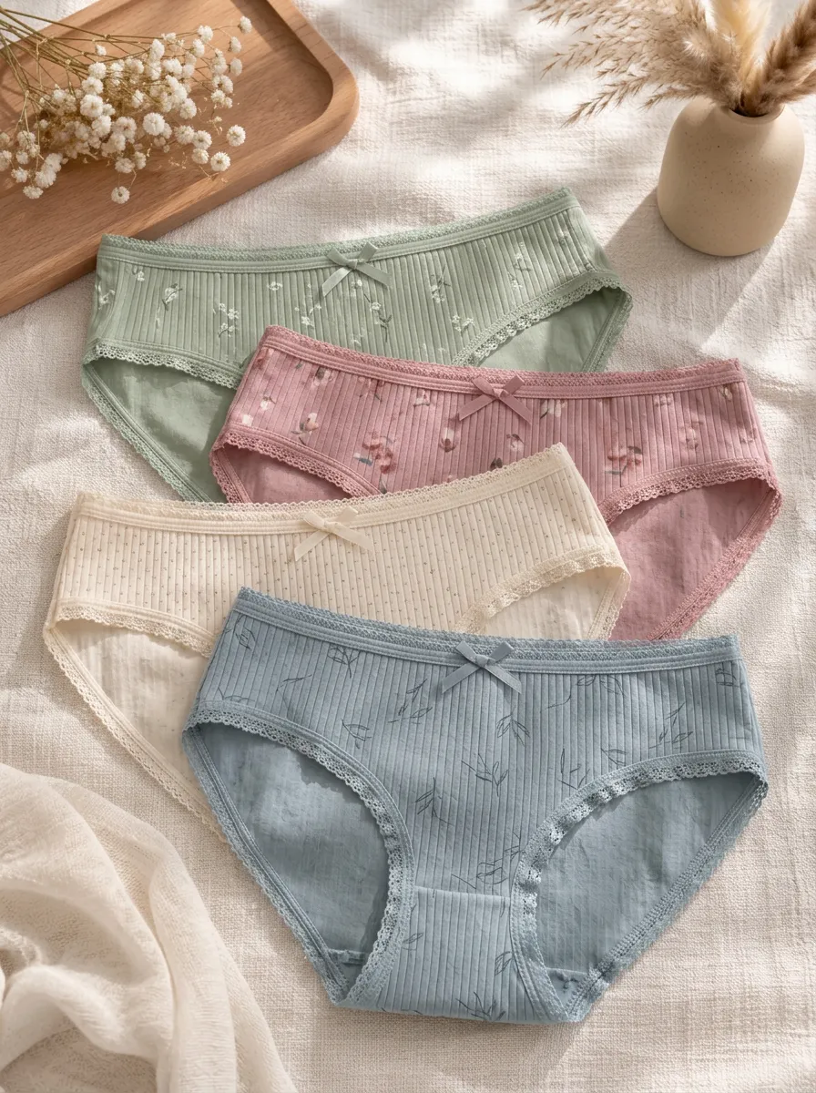 Women's Bow Detail Ribbed Floral Printed 4-Pack Panty Set