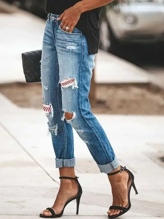 Women's Baseball Printed Hole Panel Jeans