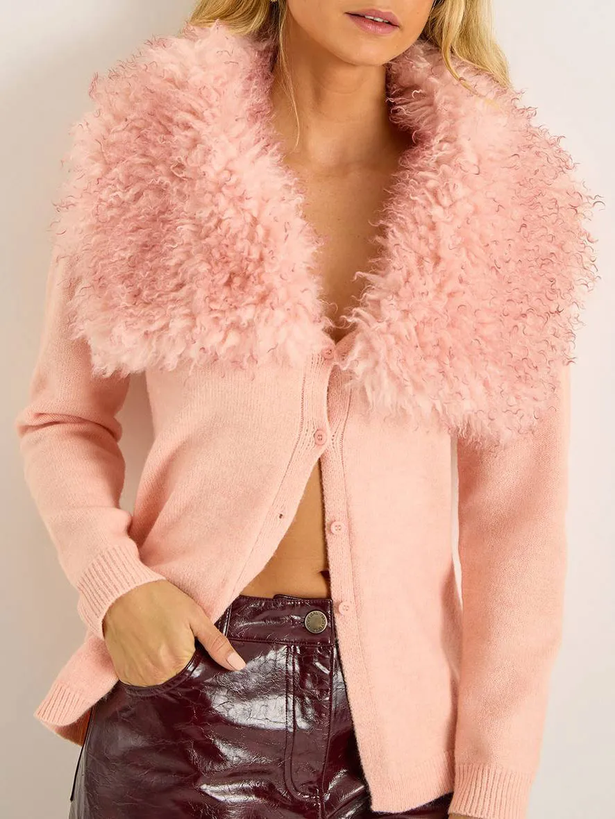 Women's Pink Fuzzy-Accent Wide-Collar Cardigan