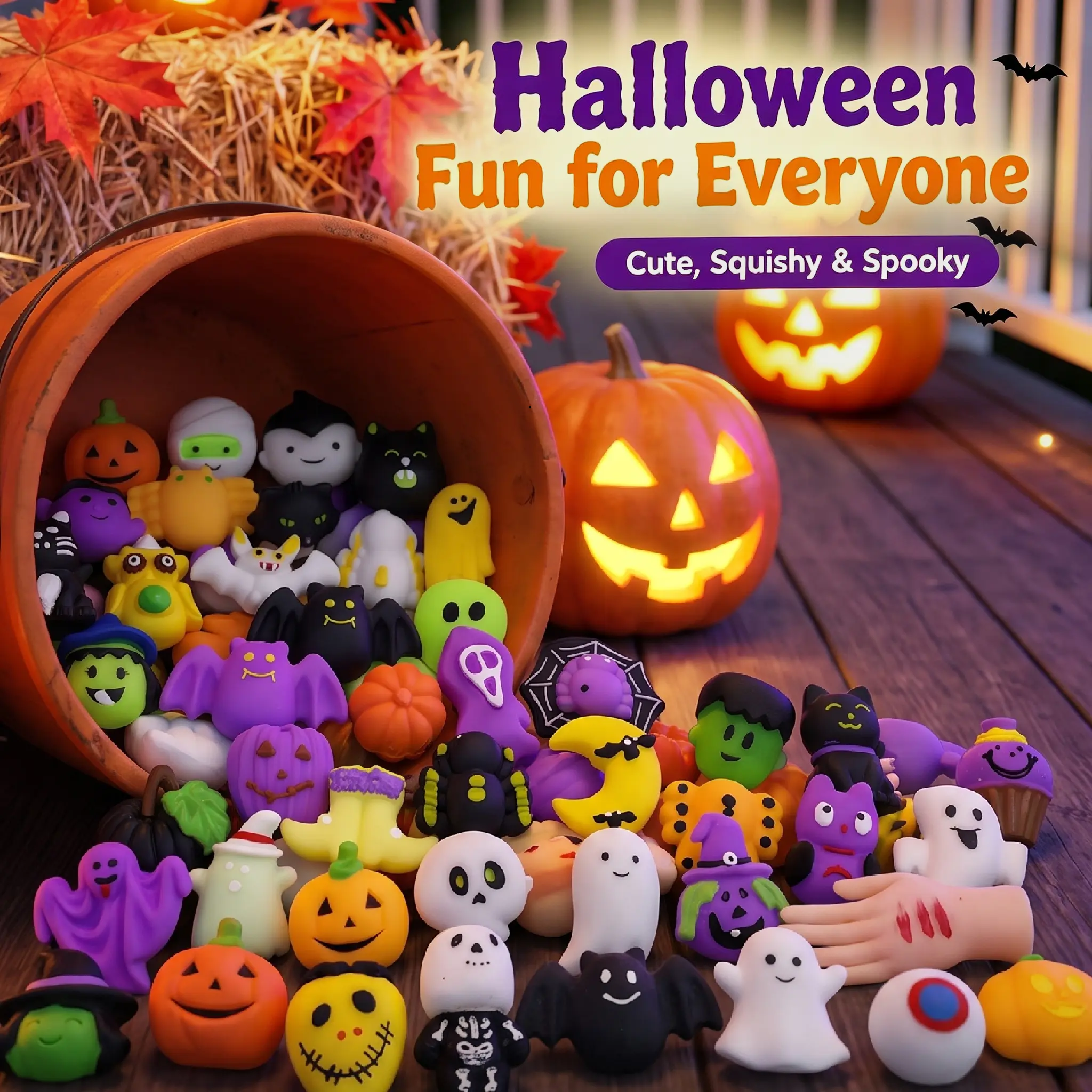 Halloween mini squishy toys arranged with pumpkins for a festive party scene
