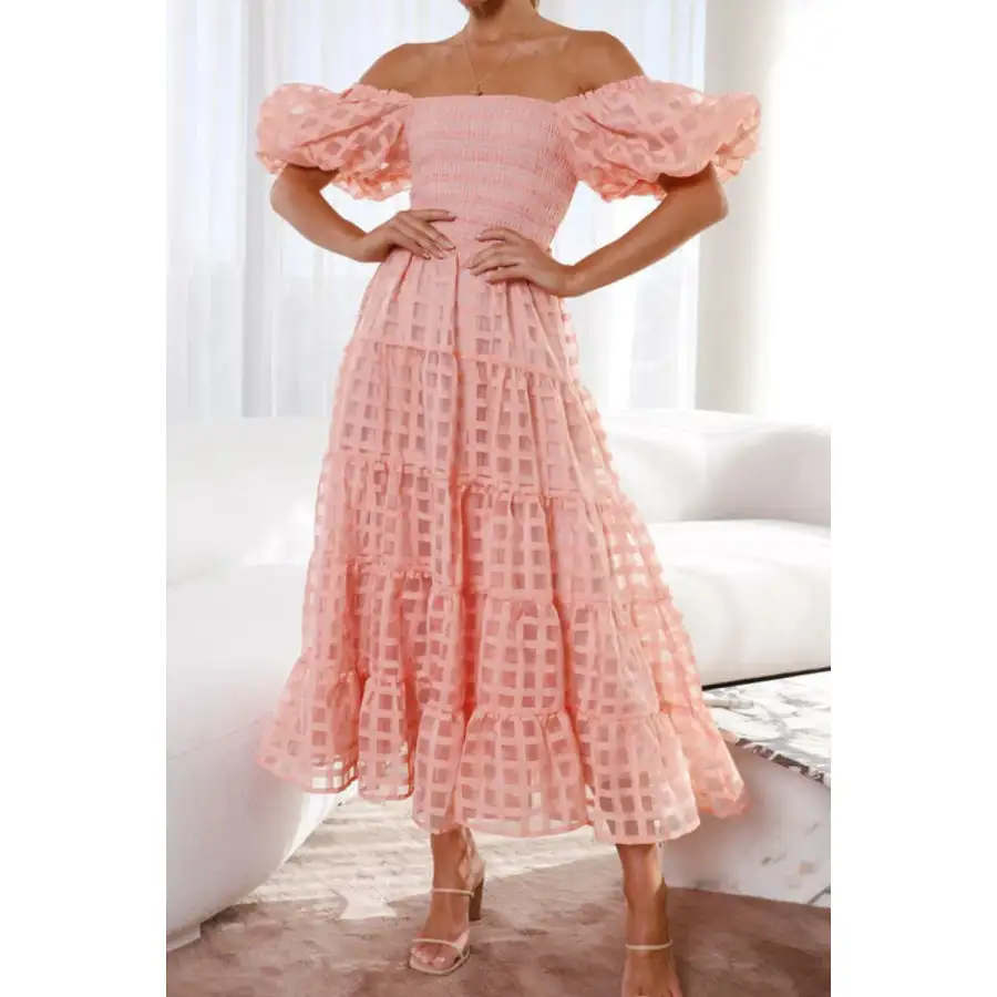 Off Shoulder Short Puff Sleeve Midi Dress
