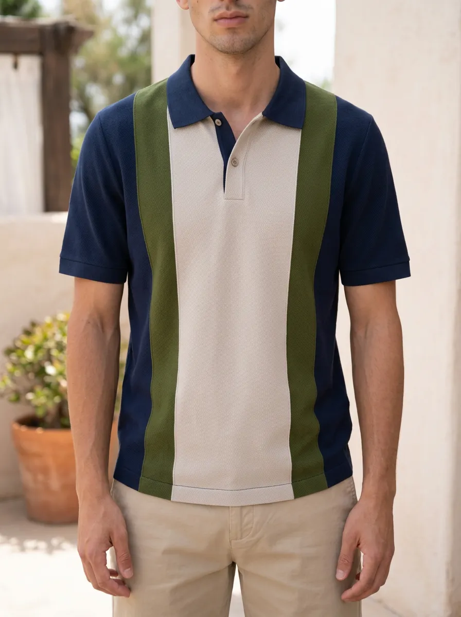 Men's Colorblock Striped Casual Printed Polo Shirt