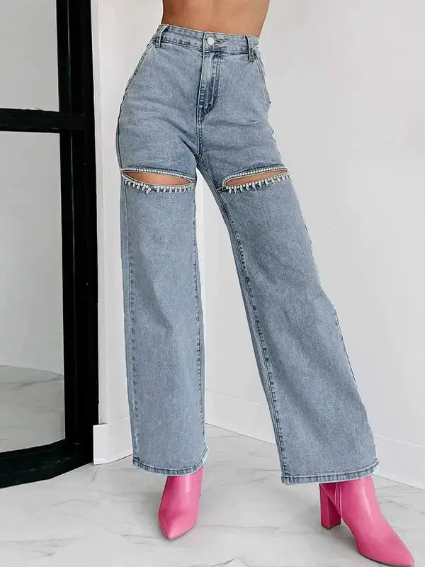 Distressed High Waist Straight Leg Seamed Rhinestone Jeans
