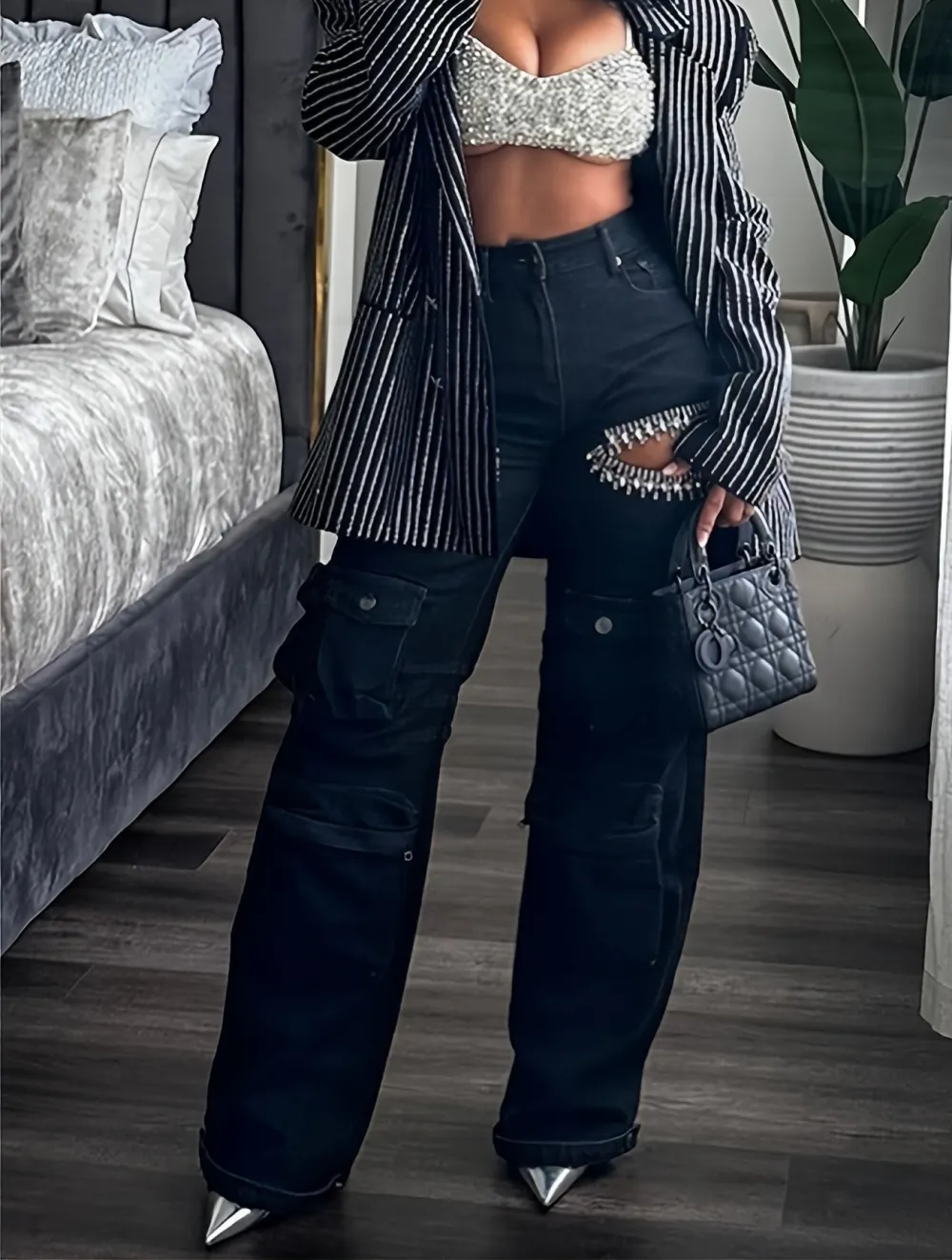 Everyday High-rise Rhinestone-embellished Cargo Jeans