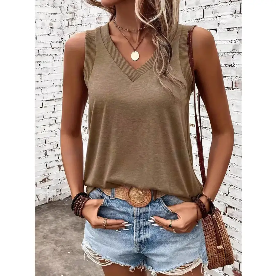 Breathable V Neck Ribbed Band Tank Top