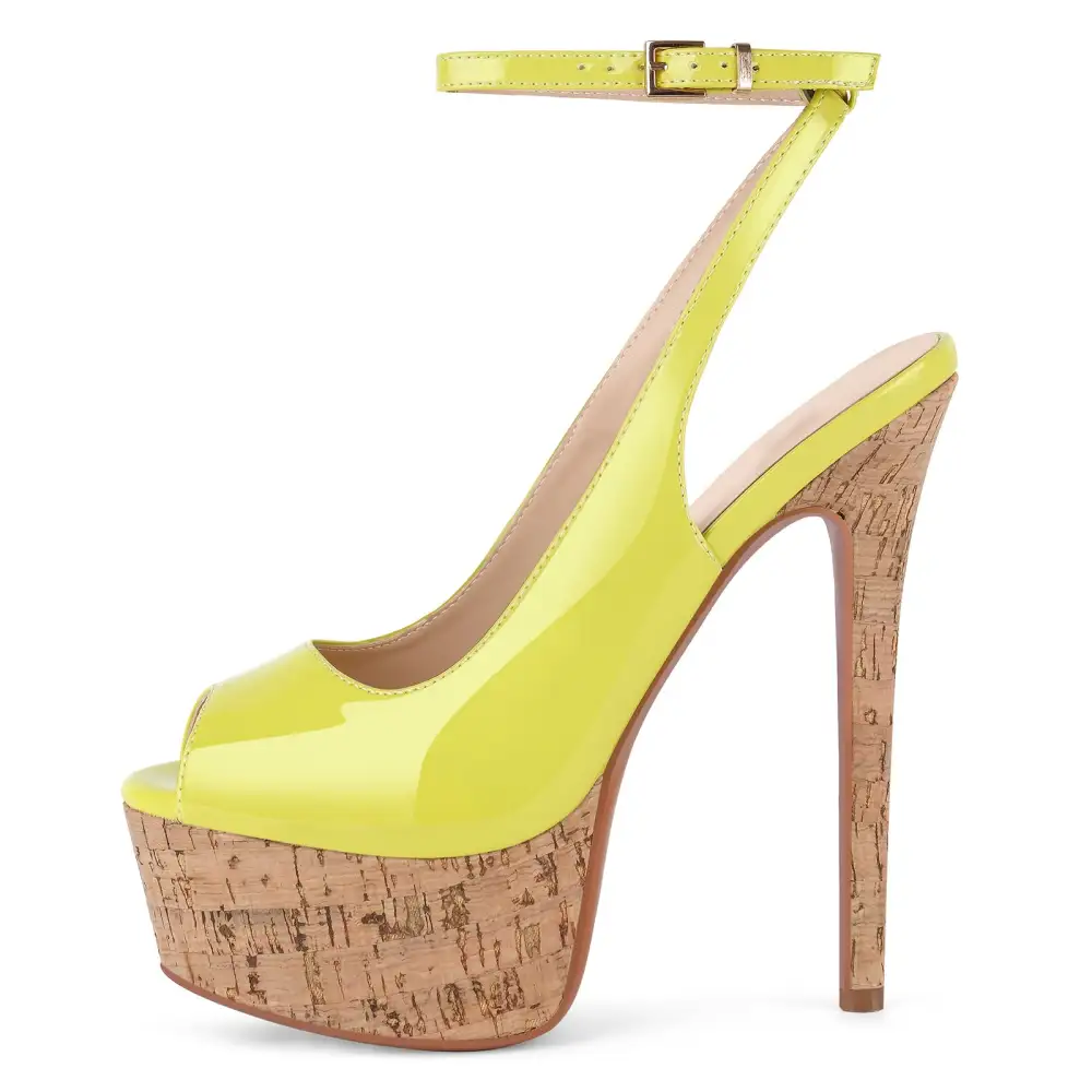 Patent Finish Peep Toe Platform Stiletto Ankle Strap Pumps