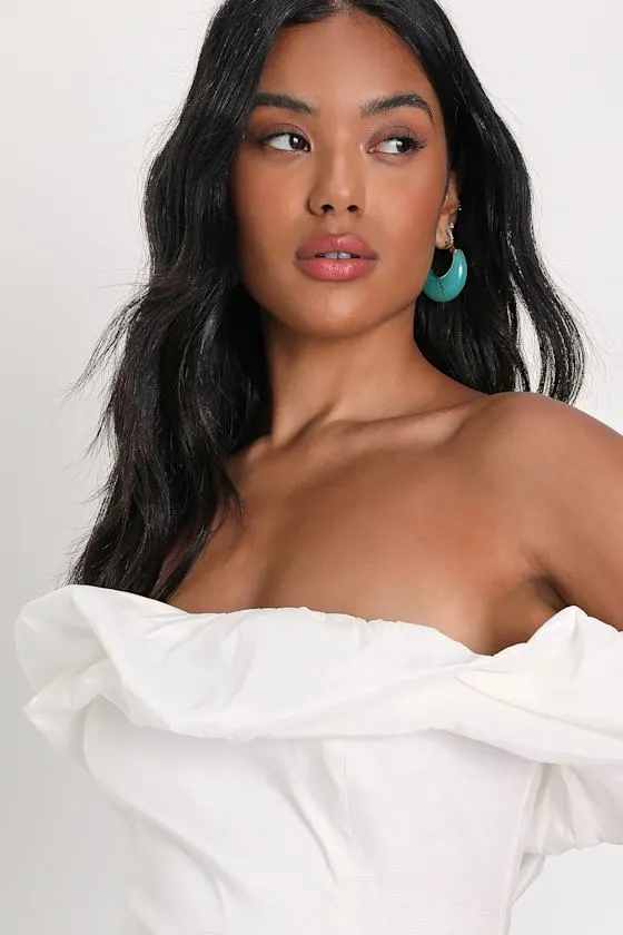 Fanciful Feat White Taffeta Off-the-Shoulder Bodycon Mini Dress