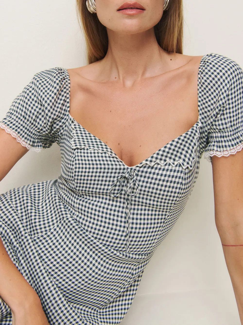 Gingham Puff Sleeve V Neck Maxi Dress