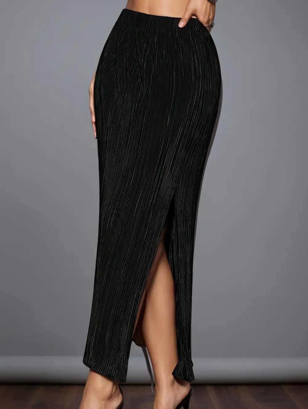 High Waist Slit Pleated Skirt