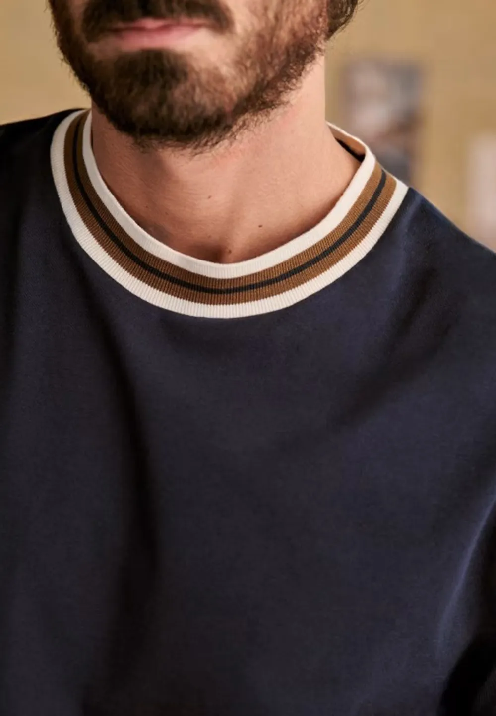 Navy Brown Trim Crew Neck Cotton T-Shirt