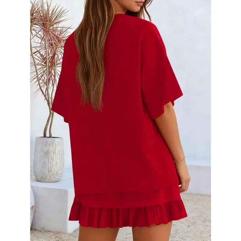 Women's Oversized Ruffle Hem Short Sleeve Set