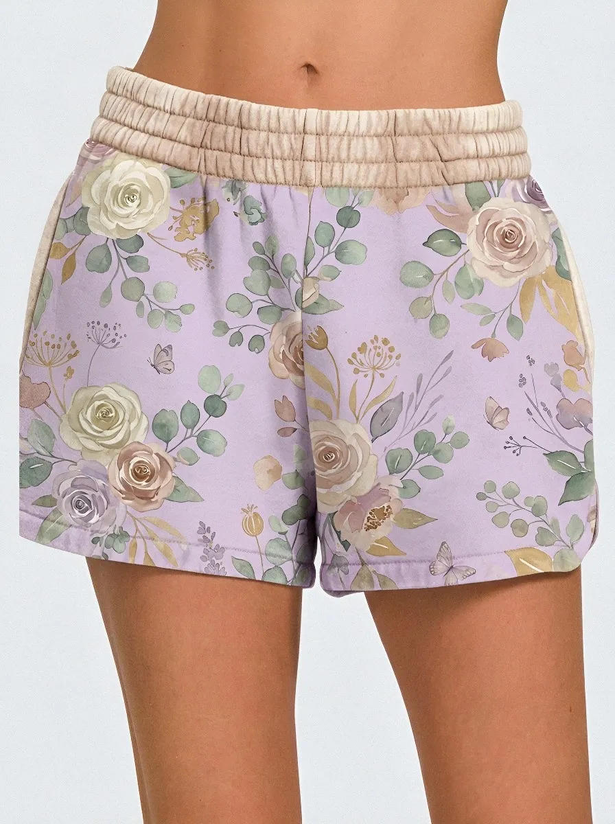 Women's Floral Garden Butterfly Watercolor Printed Shorts