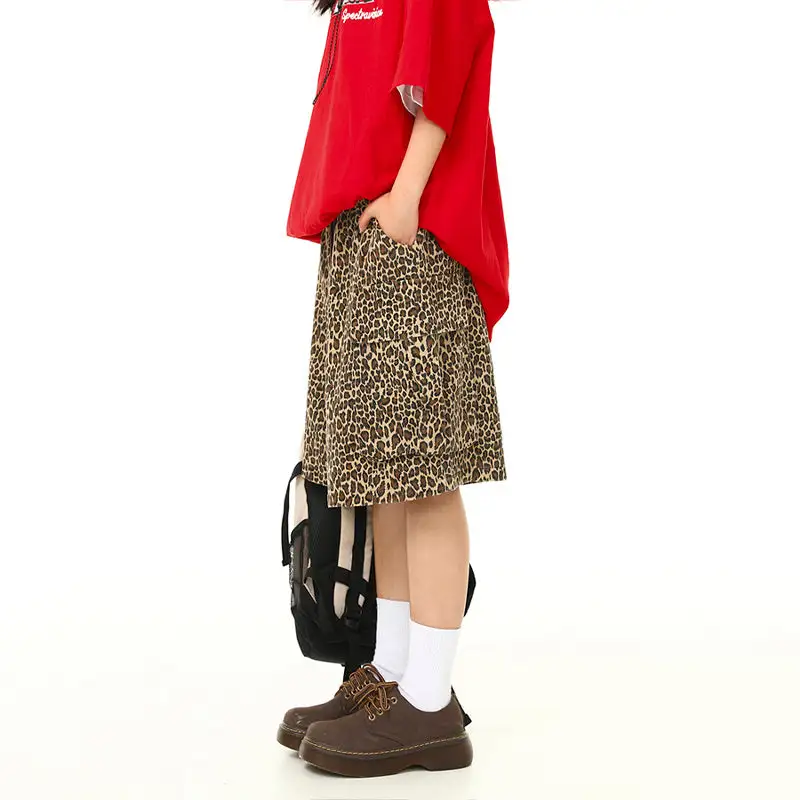 Leopard Print Multi Pocket Wide Leg Cargo Shorts