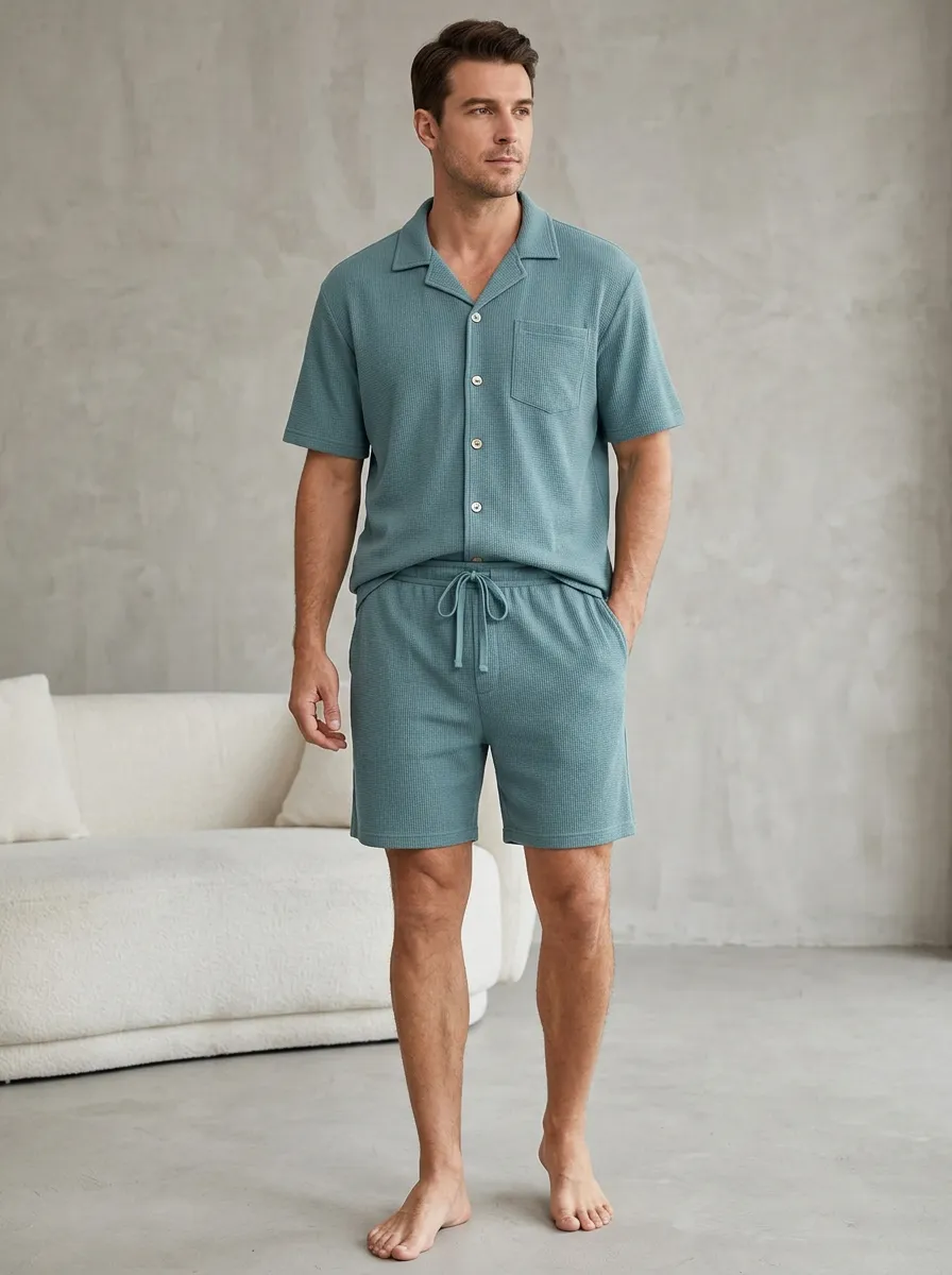 Men's Button Down Casual Waffle Knit Button Down Short Sleeve Lounge Set