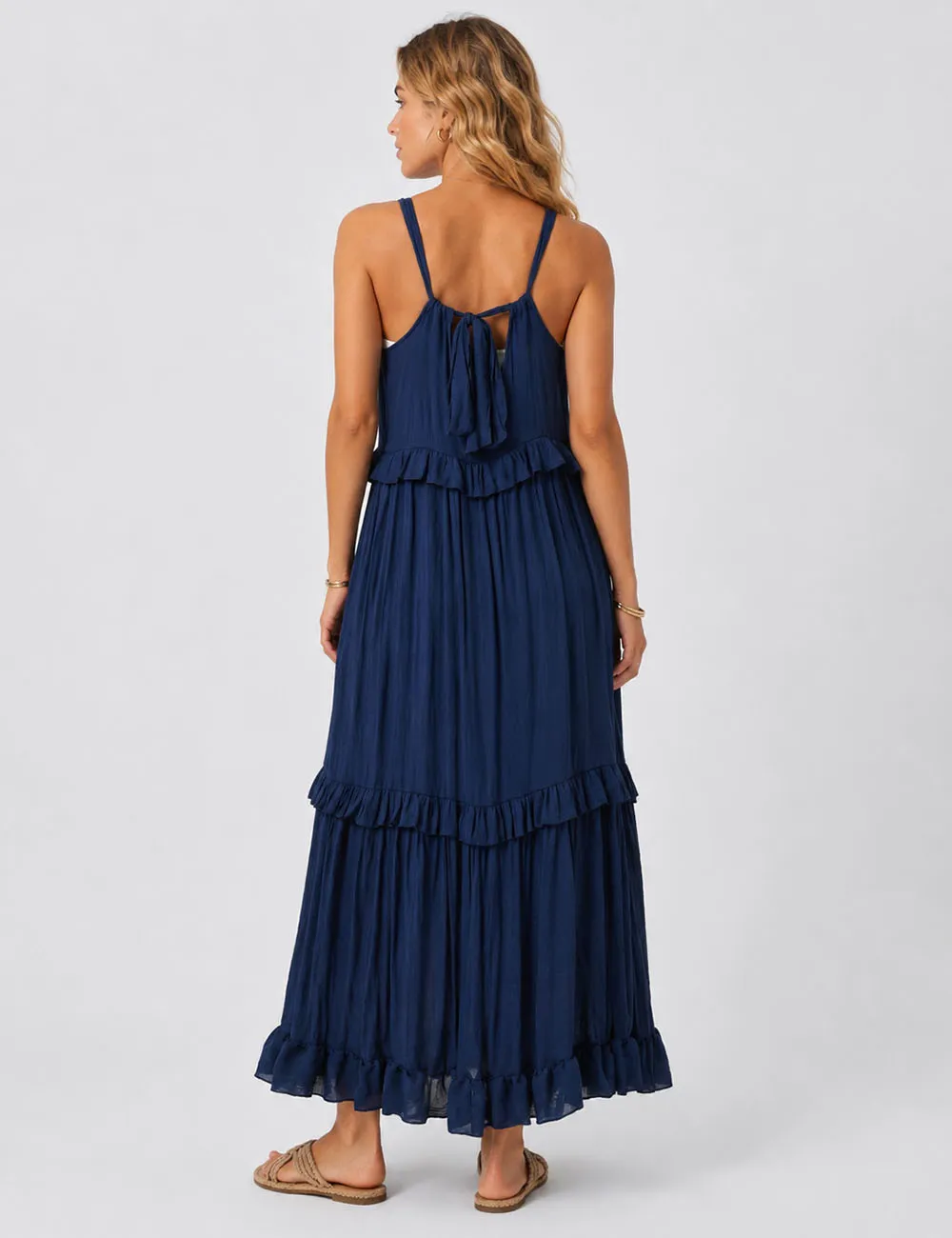 Boho Ruffle Tiered Hem Sleeveless Solid Color Maxi Dress